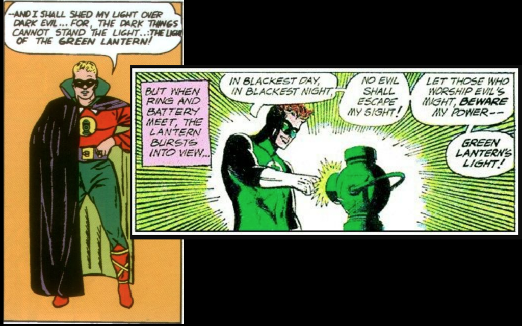 The Golden Age and Silver Age Green Lanterns speaking their oaths.