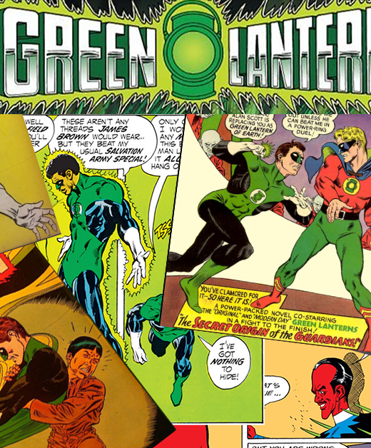 A collage of comic book covers and panels featuring the Golden Age and Silver Age Green Lanterns