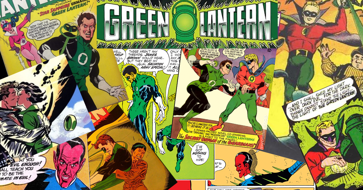 A collage of comic book covers and panels featuring the Golden Age and Silver Age Green Lanterns