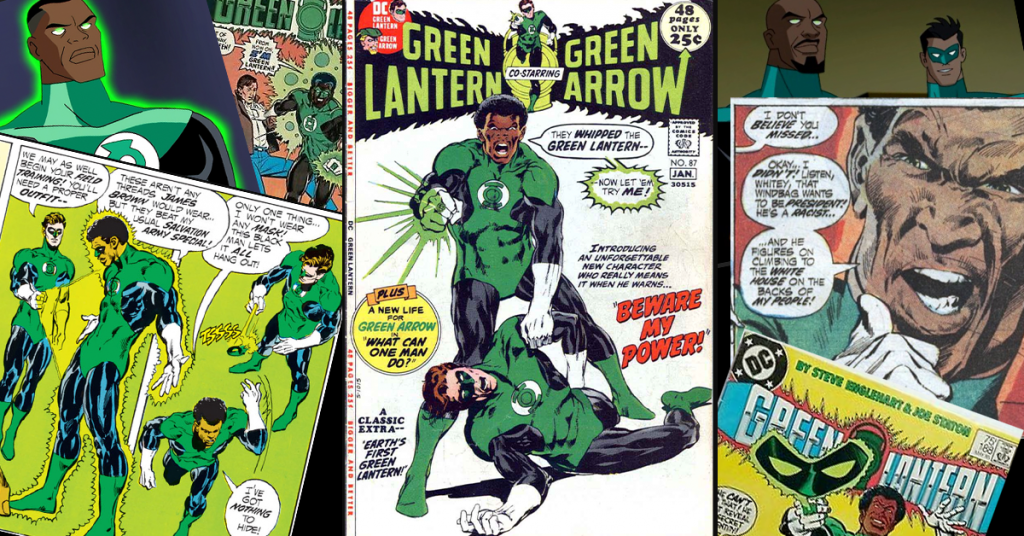 A collage of comic book covers and panels featuring Jon Stewart as Green Lantern