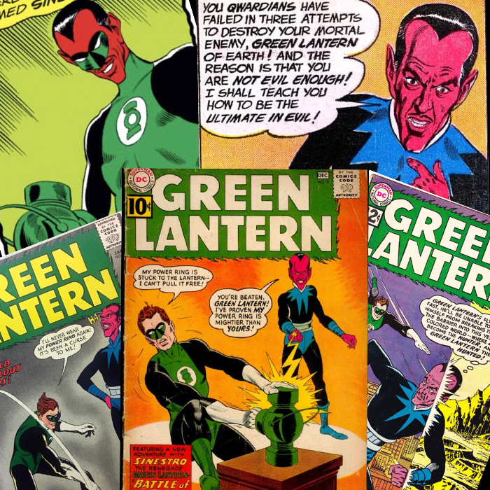 A collage of comic book covers and panels featuring Sinestro