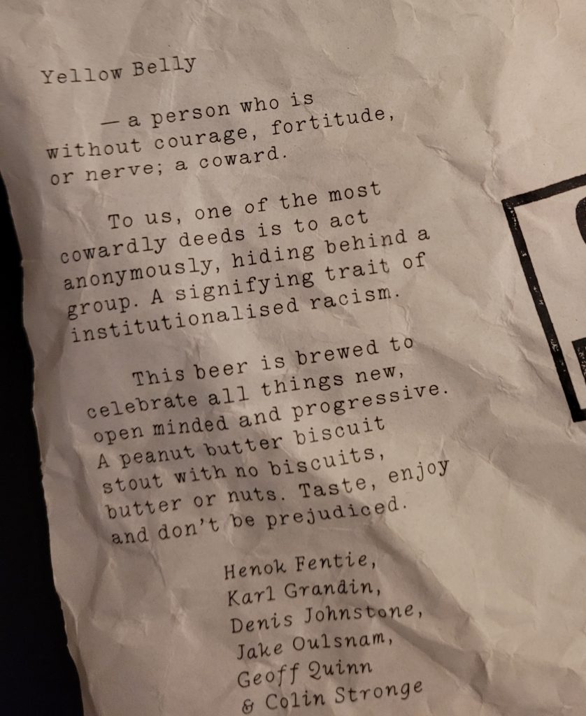 Text from the back of the wrapper of the Yellow Belly Imperial Stout.