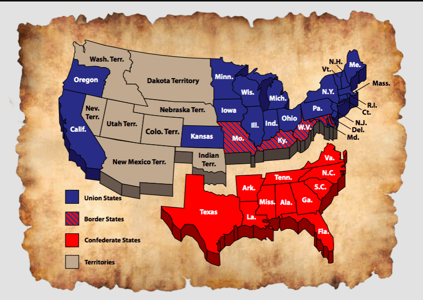 Map of Union and Confederate States and U.S. Territories during the Civil War. Union states are in blue; Confederate states are in red; territories are in brown. 