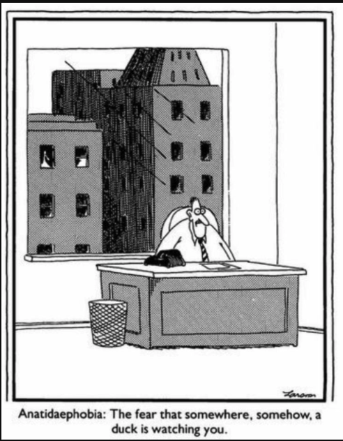 Image of a Far Side cartoon: Single panel comic of a worried man sitting at a desk. The man faces the reader. Behind the man is a large picture window. In one of the buildings behind the man, a duck is visible in an upper window and is staring at the back of the man's head. 