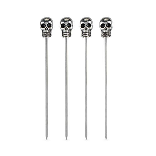 Photo of four chrome cocktail picks with tiny chrome skulls on the top end. 