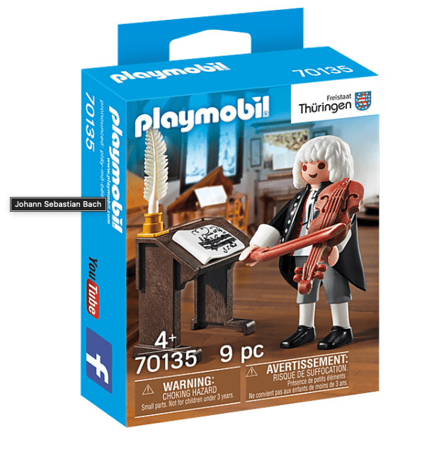 Photo of a box for a Playmobil version of Johan Sebastian Bach. 