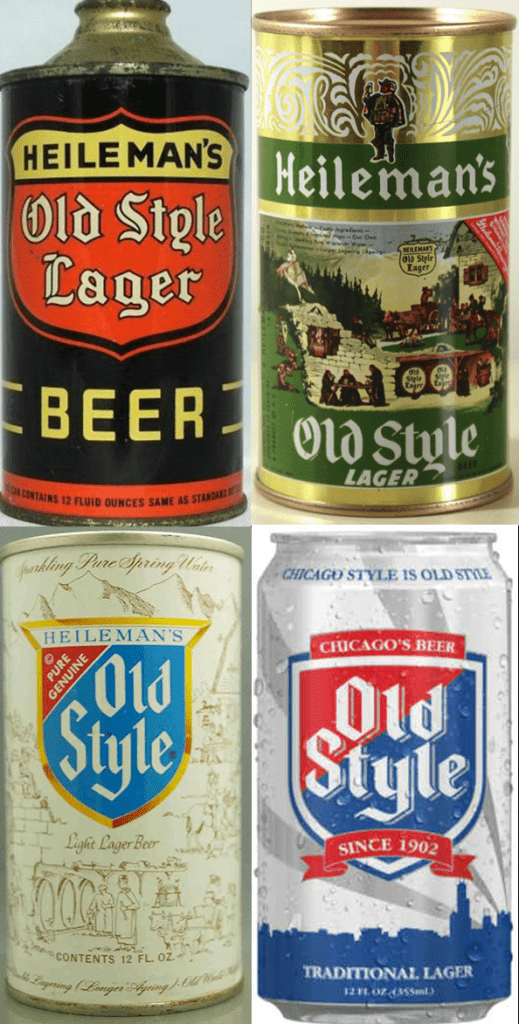 Collage of four different can designs of Old Style Lager 