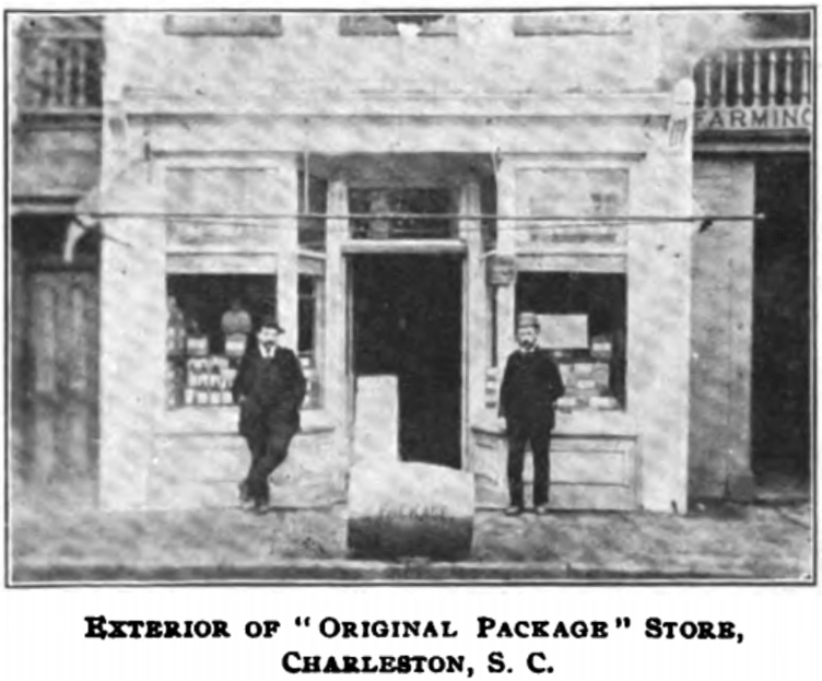 Exterior image of an old storefront that was the first "package store" store in the US. 