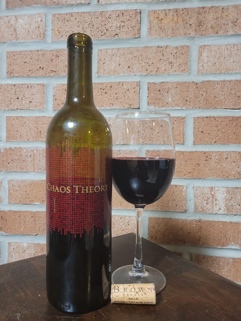 A bottle of the 2018 Chaos Theory Proprietary Red Blend by Brown Estate