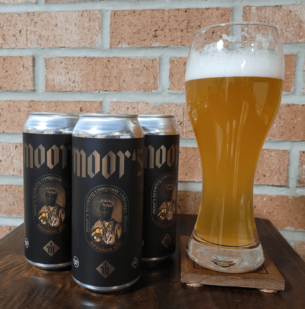 Cans of Moor's Session Ale next to a full glass of beer