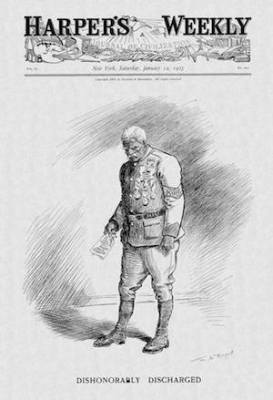 Cover image of the January 12, 1907 of Harper's Weekly showing and elderly Sargent Mingo Sanders in full dress uniform holding dishonorable discharge papers. 