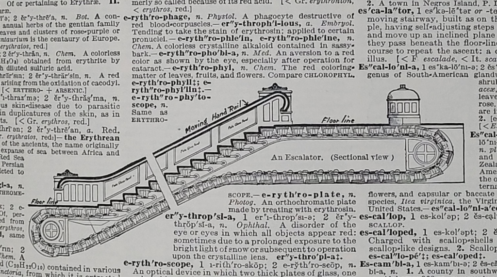 line drawing of a sectional view of an escalator from the 1932 Funk & Wagnalls New Standard Dictionary of the English Language