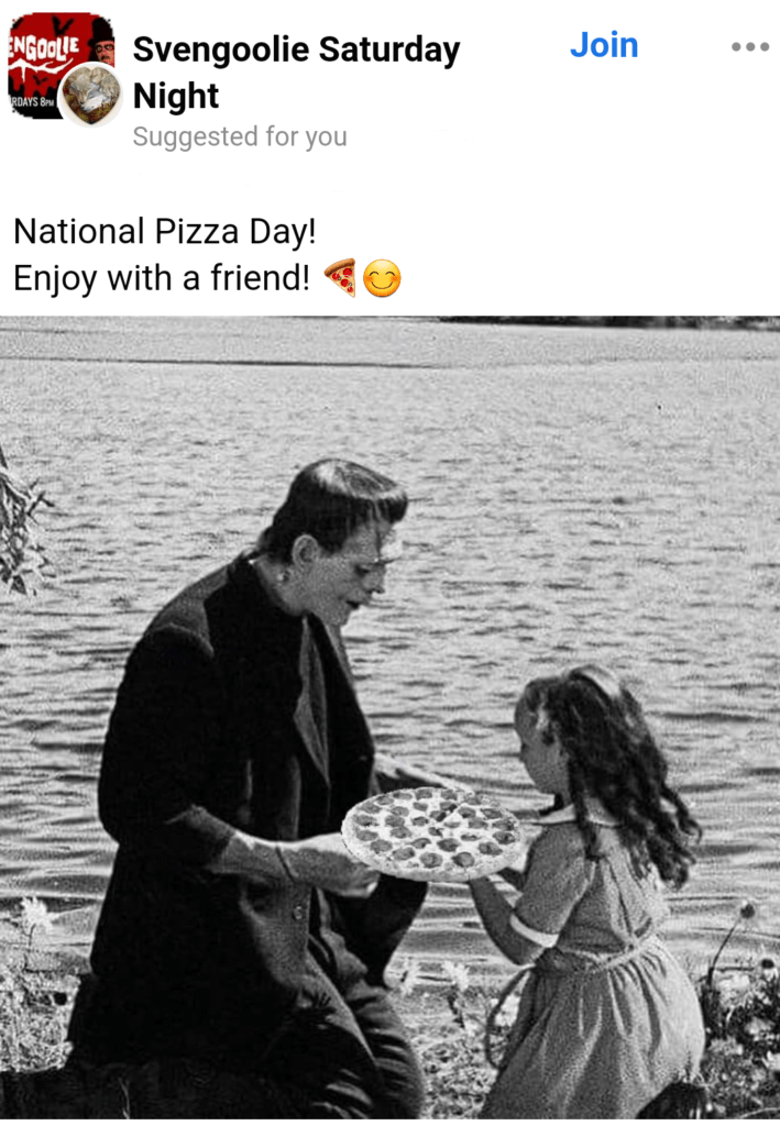 Frankenstein's Monster and little girl sharing pizza